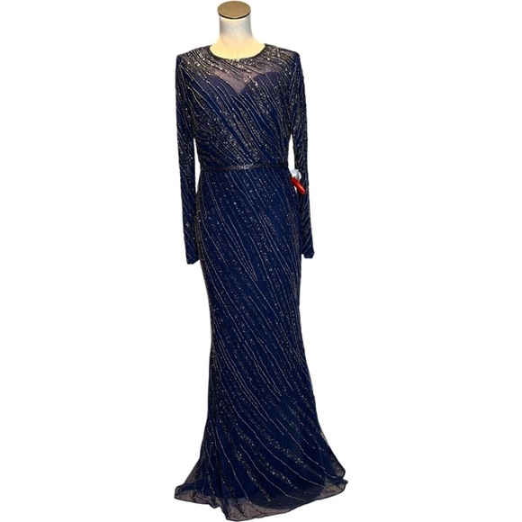 NWT Mac Duggal Midnight Long Sleeve Silver Beaded Column Gown, size 10 - Picture 5 of 10